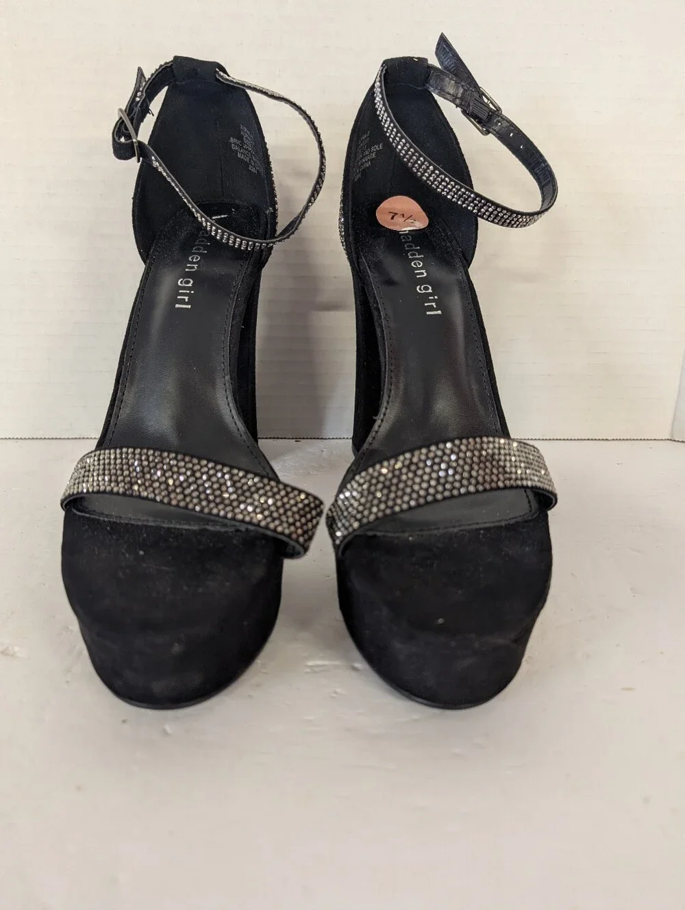 Steven Madden Black Platform Block Heel Sandals with Crystal Accents 7.5